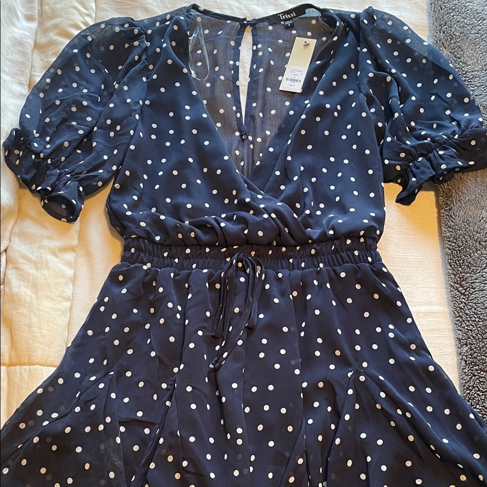 NWT Francesca’s Navy and White Polka Dot Ruffle Romper